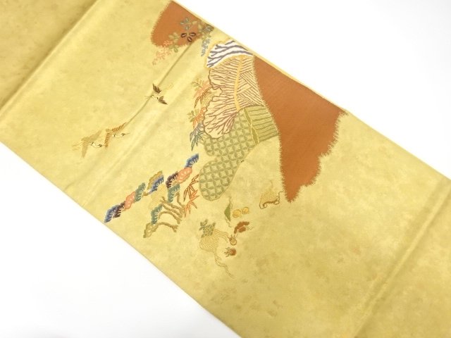 引箔　柴垣に鶴亀・宝尽くし模様織り出し　袋帯